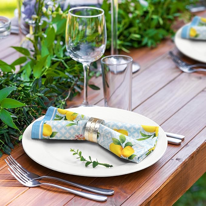 Summer Lemon Napkins, 18×18 Inch Floral Dinner Cloth Napkins Set of 6, Washable Cotton Soft Absorbent Square Napkins for Dining Kitchen Party Wedding Decoration