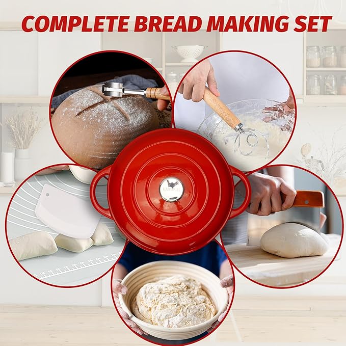 LEADKooKers 5QT Enameled Cast Iron Bread Oven with Proofing Basket for Bread Baking, Bread Making Supplies Tools,Heavy-Duty Cookware for Braising, Stews, Roasting, Bread Baking (Red)
