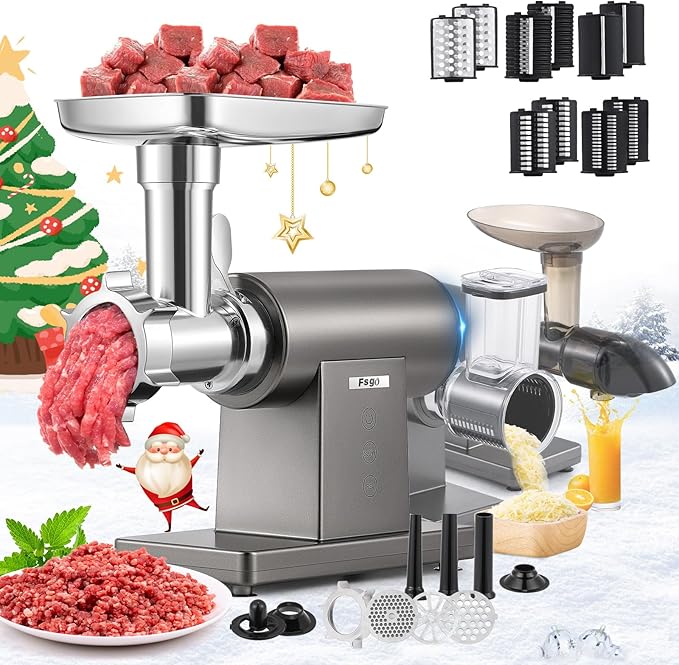 Flyseago Meat Grinder Electric 3200W Meat Mincer Chopper Machine Multifunctional with Cutting Blade 3 Grinding Plates 3 Sausage Stuffers Kubbe Kit Juicer Cheese Grater Veggie Shredder