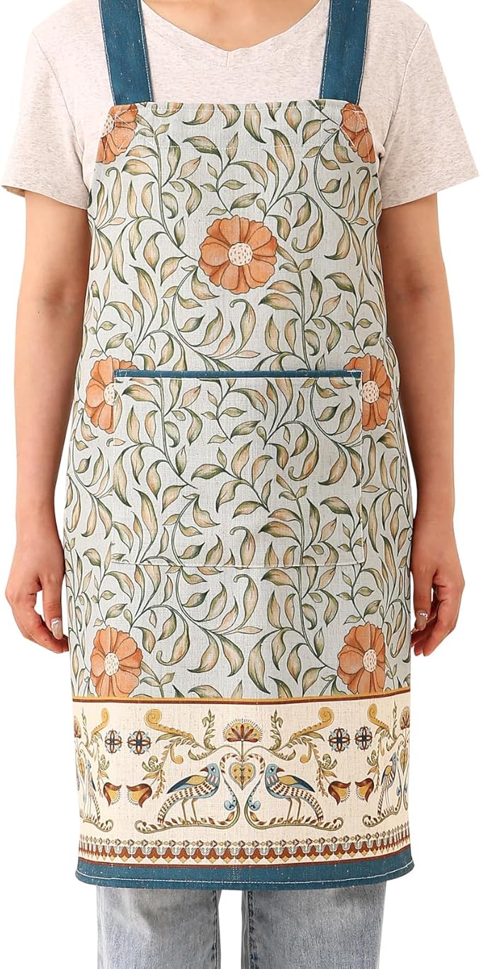 patdrea Blue Floral Linen Apron with Pocket,French Kitchen Garden Chef BBQ Aprons for Women and Men,Crisscross Back Straps