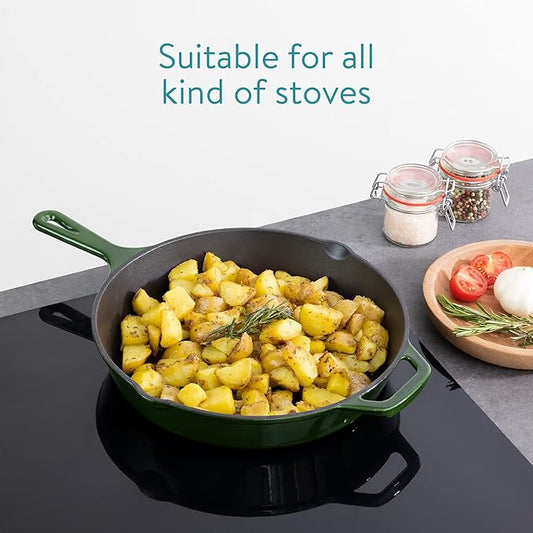 Navaris Enameled Cast Iron Skillet - 12"(30cm) Pre-Seasoned Frying Pan with Helper Handle, Pour Spouts, for Oven, Stovetop, Grill & Campfire, Non-Toxic, Even-Heating, Green