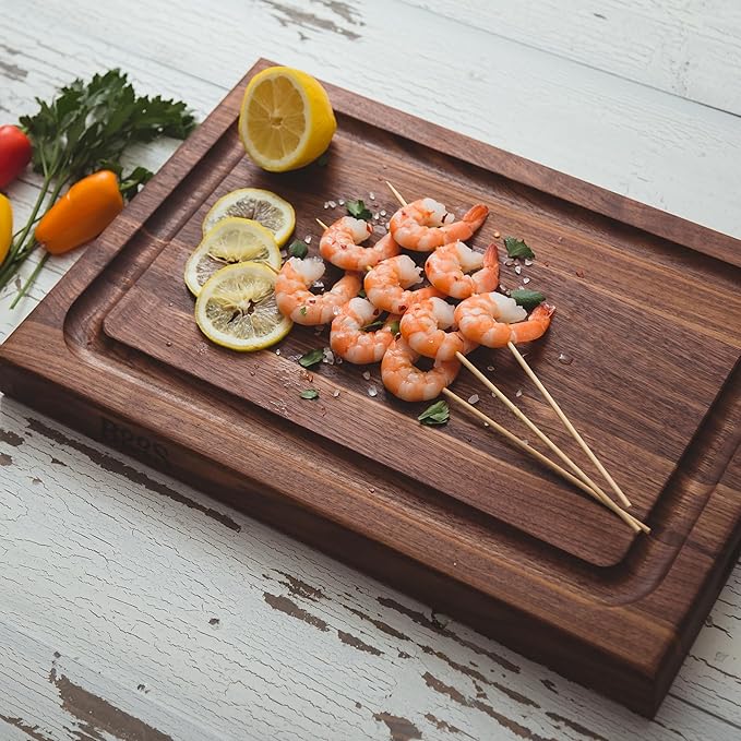 John Boos BBQ Series Rectangular Wooden Walnut Cutting Board 18”x12” – 1.5” Thick, 7-lb Reversible Butcher Block with Juice Groove, Edge-Grain & Finger Grips– Made in the USA