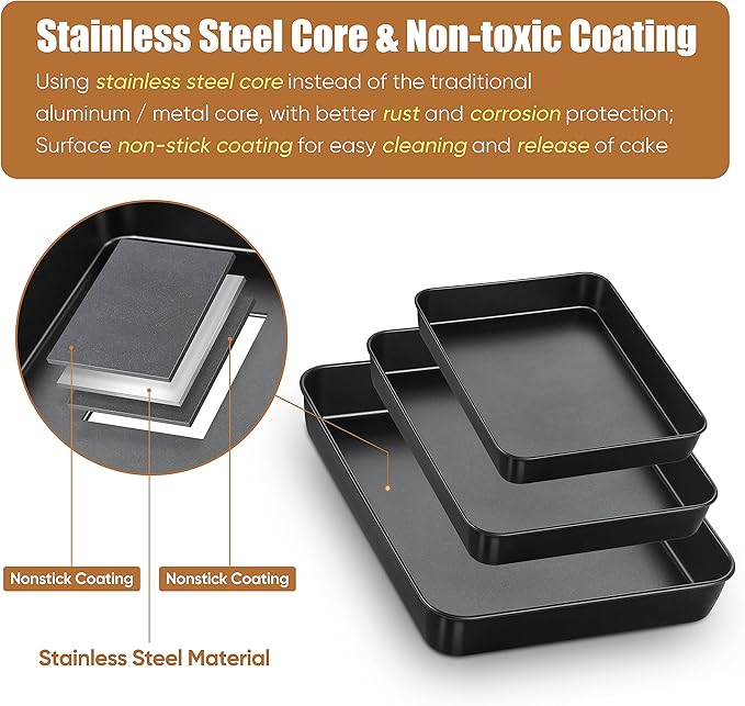E-far Nonstick Baking Pans Set of 3, Rectangle Stainless Steel Sheet Cake Pan for Toaster Oven, 12.5/10.5/9.4 Inch, Black Bakeware for Brownie Lasagna Casserole Cake, Non-toxic & Healthy, 2 inch Deep