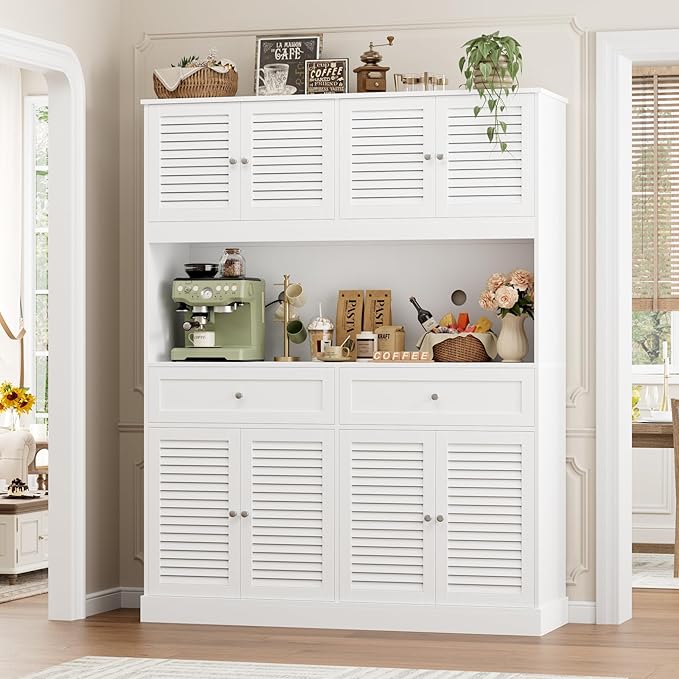 HIFIT 71" Hx55''W Large Kitchen Hutch Storage Cabinet, Farmhouse Coffee Bar Hutch with Microwave Stand, Tall Kitchen Pantry Cabinet with Louvered Doors, 2 Cable Holes, 2 Drawers, White