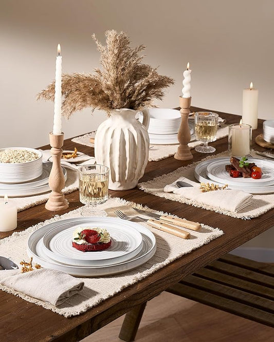 Plates and Bowls Sets for 6 (18-Piece) Stoneware Reactive Glaze Dinnerware with Speckles & Spirals, Chip and Scratch Resistant Straight Dishes Set with Gift Box, Microwave Dishwasher Safe, White