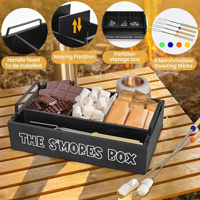 S'Mores Station with Handles, Wooden S'Mores Caddy Bar Holder with 4 Roasting Sticks, Farmhouse Smores Tray for Smores Kit for Fire Pit, Smores Maker Tabletop Indoor Kit for S'Mores Kit