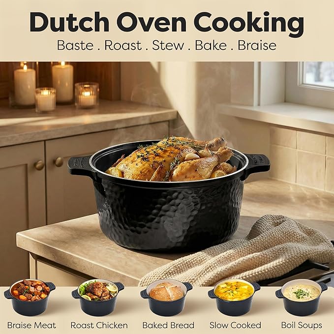 Gotham Steel Hammered 5 Qt Lightweight Dutch Oven Pot with Lid & Holders, Ceramic Non Toxic, Oven Safe & Even Heat Retaining Dutch Oven for Bread Baking Sourdough, Soup, 70% Lighter than Cast Iron