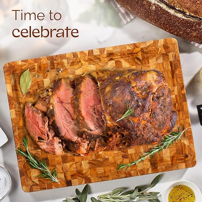 Yes4All Durable Teak Cutting Boards for Kitchen, [17''L x 13''W x 1.5” Thick] Medium End Grain Cutting Board, Pre Oiled Wood Cutting Boards, Thick Chopping Board w/Juice Grooves and Easy Grip Handle