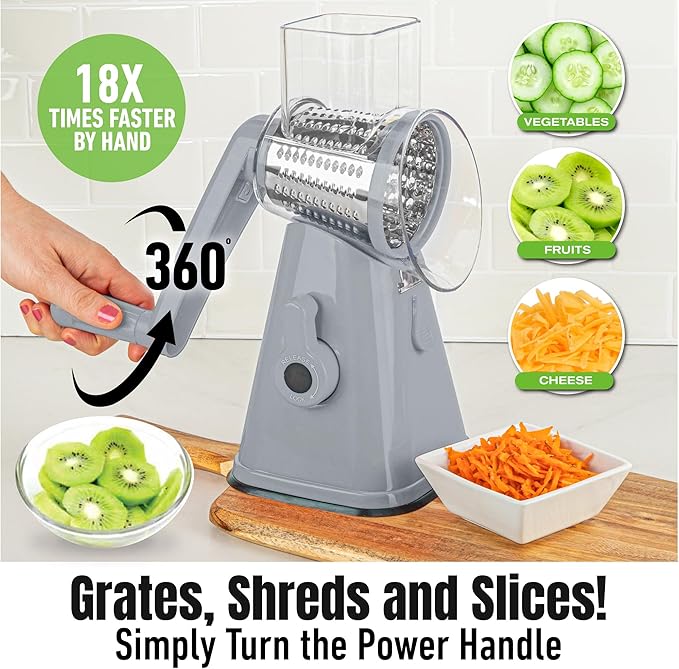 EMSON Rotary Cheese Grater Hand Crank, Stainless Steel Rotary Graters for Kitchen with 3 Blades, Vegetable Slicer, Cheese Shredder with Suction Cup Base, Dishwasher Safe - Gray