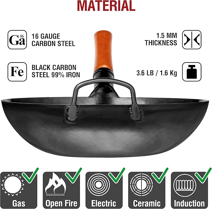 YOSUKATA Carbon Steel Wok and Stir Fry Pans 13,5 “ + 17’’ Wok Spatula and Ladle