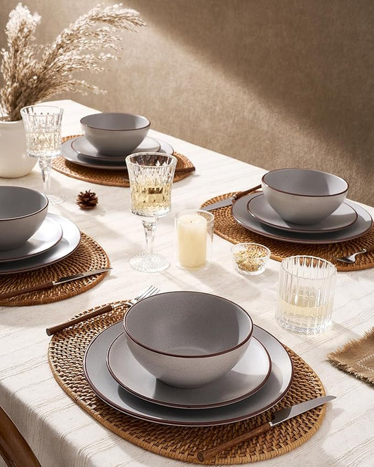 Famiware Venus Speckled Dinnerware Set with Pasta Bowls, Service for 4 (16 Pieces), Stoneware Plates and Double Bowls Sets, Microwave & Dishwasher-Safe Dishes with Trim, Matte Light Grey