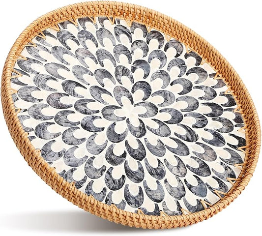16 inch Round Rattan Tray with Mother of Pearl Inlay Wicker Serving Tray with Wooden Base Boho Decorative Wicker Basket for Table Decor Bathroom Candle Perfume(Plume)