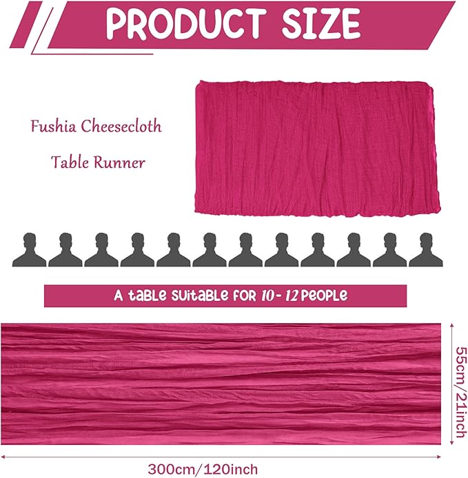 10 Pack Cheesecloth Table Runner 10FT Boho Gauze Rustic Fabric Table Runner Vintage Sheer Tablecloth for Wedding Party Bridal Baby Shower Decorations (Fushia)