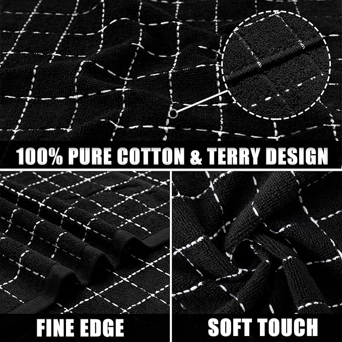 Mordimy 100% Cotton Terrycloth Kitchen Towels and Dishcloths Sets, Soft and Absorbent Checkered Dish Towels, Quick Drying Dish Rags for Washing Dishes, 4 Pack 16" x 26" & 4 Pack 12" x 12", Black