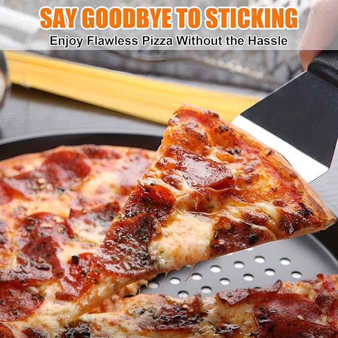Afarnook 4 Pcs Pizza Baking Pan Round Non-Stick Tray Pizza Pan 9/10/11/12 Inches Round Dark Grey Tray with Holes Suitable for Baking Oven Electric Oven