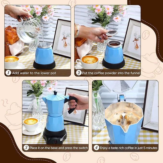 Lemosae Coffee Pot 6 Cup Electric Espresso Coffee Maker Italian Moka Maker 300ml Portable Aluminum Espresso Machine Cafetera Moka Pot with Detachable Base, Gift for Home Travel(Blue)