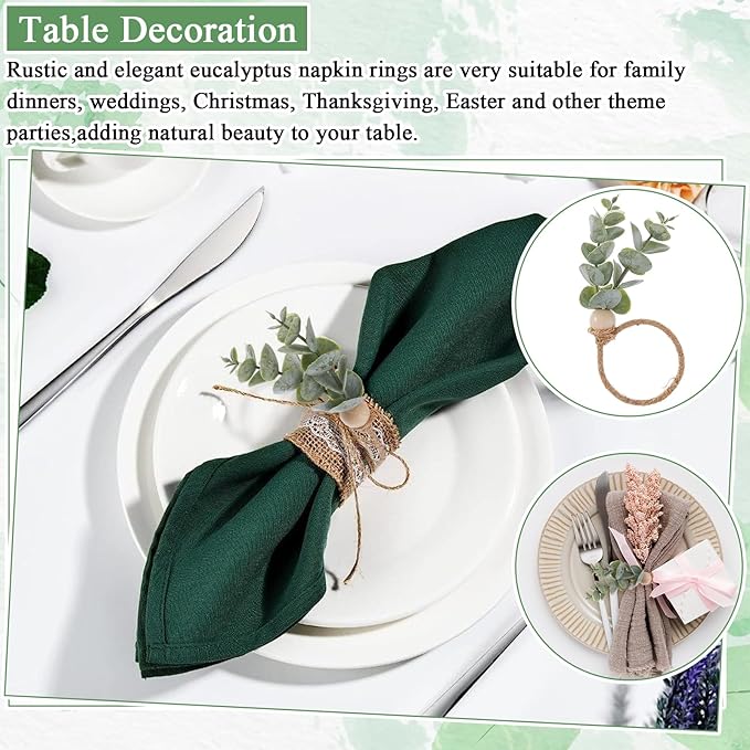 Amabro Napkin Rings Set of 6, Rustic Farmhouse Boho Green Leaf Eucalyptus Wood Bead Napkin Rings Holder for Fall Spring Thanksgiving Christmas Easter Weddings Table Decor