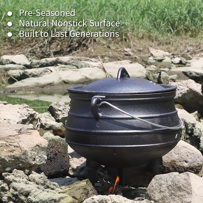 Mabeeze Cast Iron Potjie Cauldron, 6 Qt, 3-Legged Dutch Oven Pot with Lid - includes Lid Lifter and Holder - Pre-Seasoned - for Outdoor Cooking