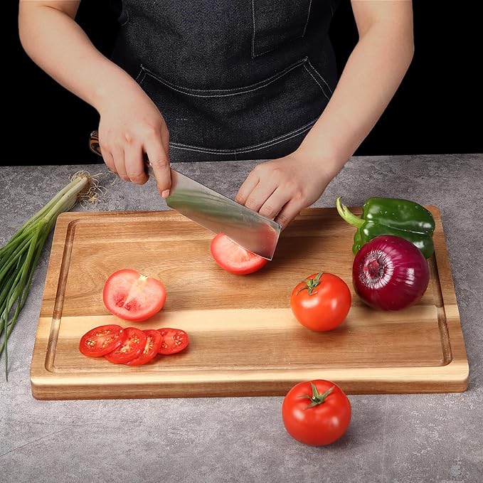 Acacia Wood Cutting Board with Handles & Juice Groove - Large Thick Butcher Block for Meat, Turkey, BBQ, Serving and Kitchen Countertop 18"*12 Inche