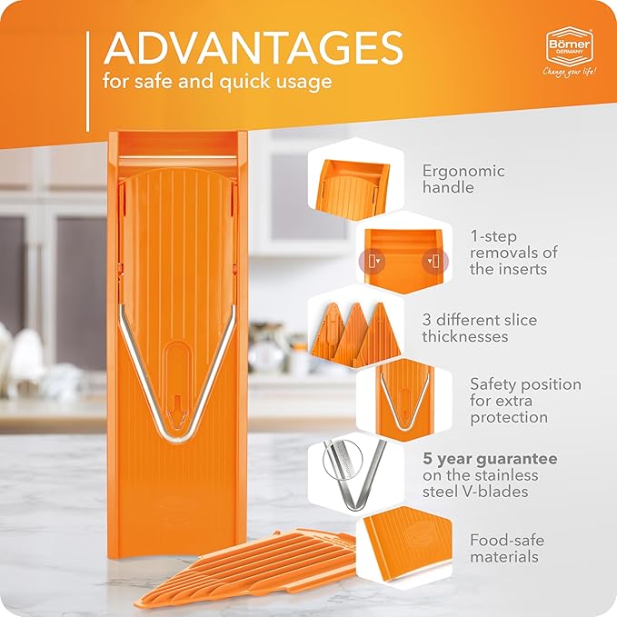 Mandoline Food Slicer Borner V1 (Basic Set) by Reston Lloyd • V-Slicer with Food Holder • Made in Germany • Fruit & Vegetable Chopper • Multiple Settings • Color: Orange