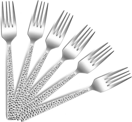 Salad Forks Set of 6, E-far 6.7 Inch Stainless Steel Hammered Dessert Forks for Home, Kitchen or Restaurant, Non-toxic & Mirror Polished, Squared Edge & Dishwasher Safe