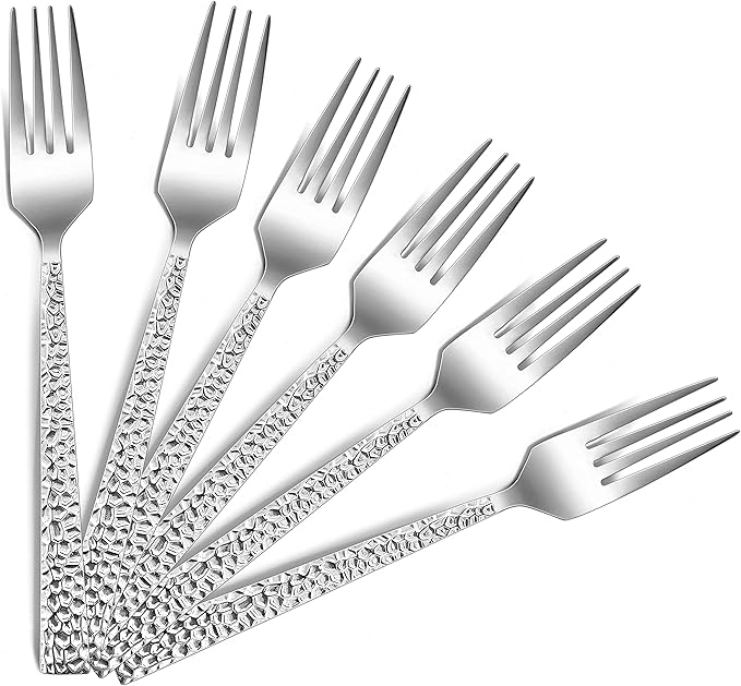 E-far 6-piece Hammered Dinner Forks Set, 7.9 Inch Stainless Steel Forks for Home, Kitchen or Restaurant, Non-toxic & Mirror Polished, Squared Edge & Dishwasher Safe