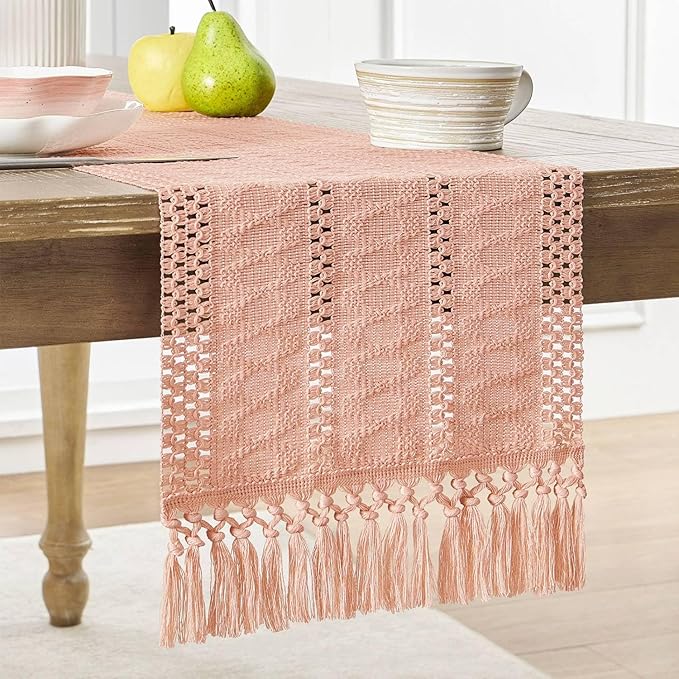 ZeeMart Macrame Style Boho Table Runner, Pink Table Runners 108 Inches Long, Farmhouse Woven Home Decor, 12x108 Inch, Rose Pink