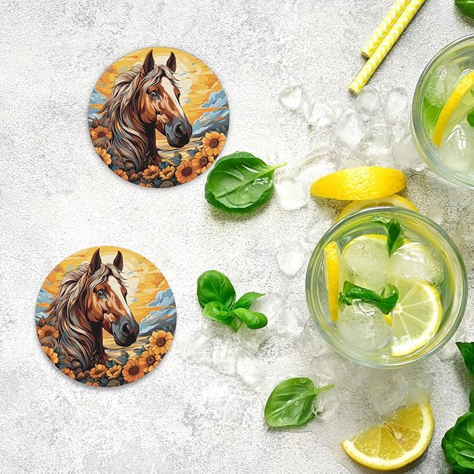 Round Coasters Set of 2, Manes Horse Sunflowers Sunshine Absorbent Ceramic Coaster with Cork Base, Bar Coasters for Drinks Coffee Mugs Tea Cups Wine Glasses Home Decor Gifts (4 inches)