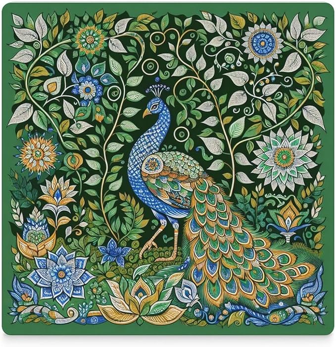 Peacock Drink Coasters, Square Ceramic Drink Coaster Square-4PCS, Beautiful Green Plant Floral Peacock Boho Art Pattren Decor Absorbent Ceramic Coasters for Beverage Cup, Bar, Coffee Table