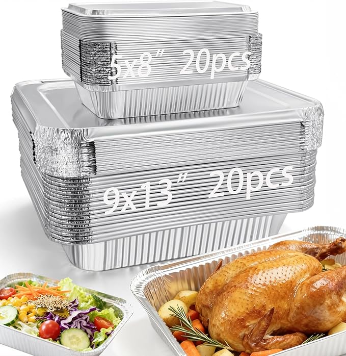 Notwoe 40pc Disposable Aluminum Pans With Lids, 9x13 (20pc) And 8.2x5.7 Square (20pc) Combo Set, Disposable Baking and Cake Pan. (40 Pack w/Lids)