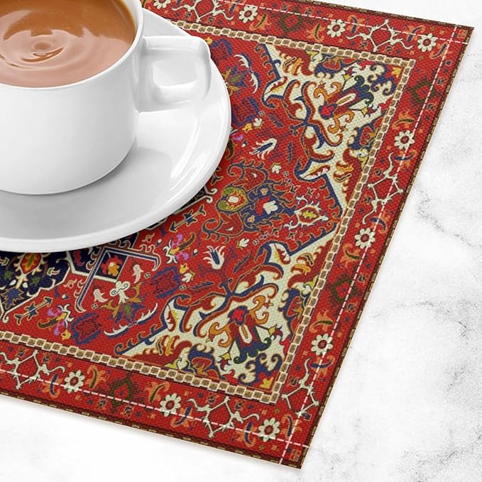 Boho Tribal Ethnic Placemats Rustic Farmhouse Retro Red Floral Art Printed Dining Table Mats Set of 4 for Restaurant Home Kitchen Holiday Picnic Party Decor 12x18in