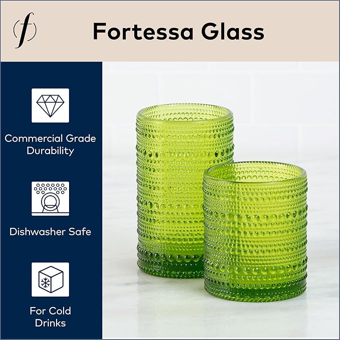 Fortessa Jupiter Beaded Hobnail Glass, 13 Ounce Iced Beverage (Set of 6), Fern Green