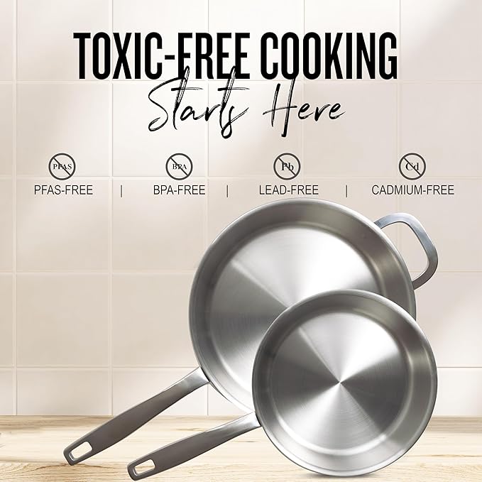 Alva Maestro 5-Ply Stainless Steel Frying Pan 8″ – Non-Toxic, Made without PFAS/PFOA/PTFE – Pro-Level Heat Control for No Hotspots, Induction & Oven Safe, Works on All Stovetops, Perfect Searing