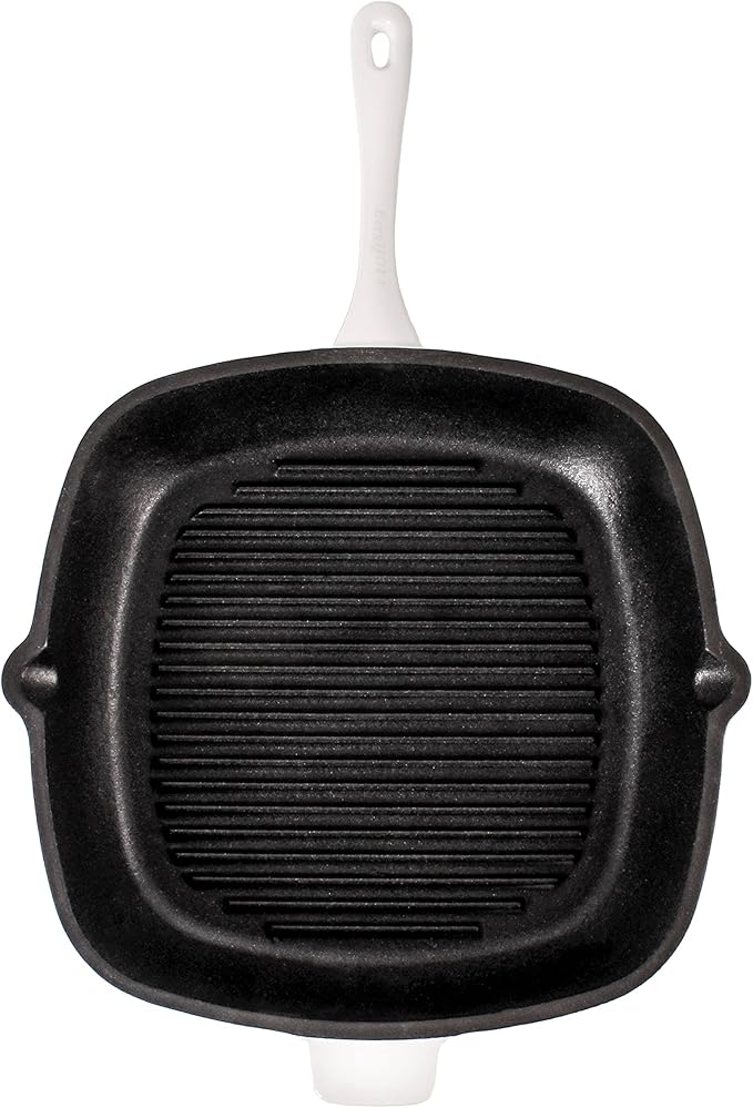 Berghoff Neo 2Pc Enameled Cast Iron Grill Set, Grill Pan 11 inches, Bacon/Steak Press 8 inches, Fast, Evenly Heat, Oven safe (White)