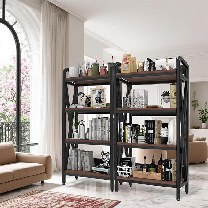 Bakers Rack with 4-Tier Adjustable Wood Shelves, Heavy-Duty Metal Frame Kitchen Shelf Organizer, Microwave Stand for Kitchen, Living Room, Apartments, 33.5'' Wide for Extra Space