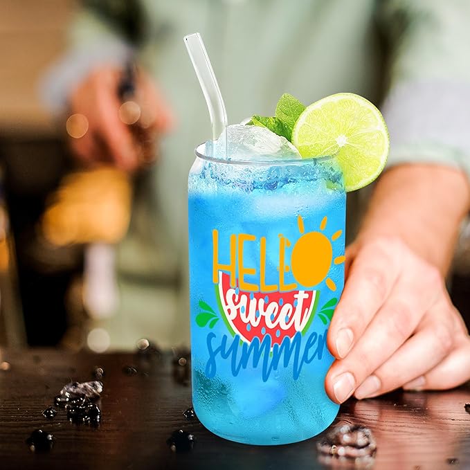 Joyclub 12 Pack Sublimation Glass Cups with Lids and Straws 16oz, Clear Sublimation Glass Tumbler Blanks Beer Can Shaped Mugs for Iced Coffee Smoothie Soda Boba Tea Cocktail Gift