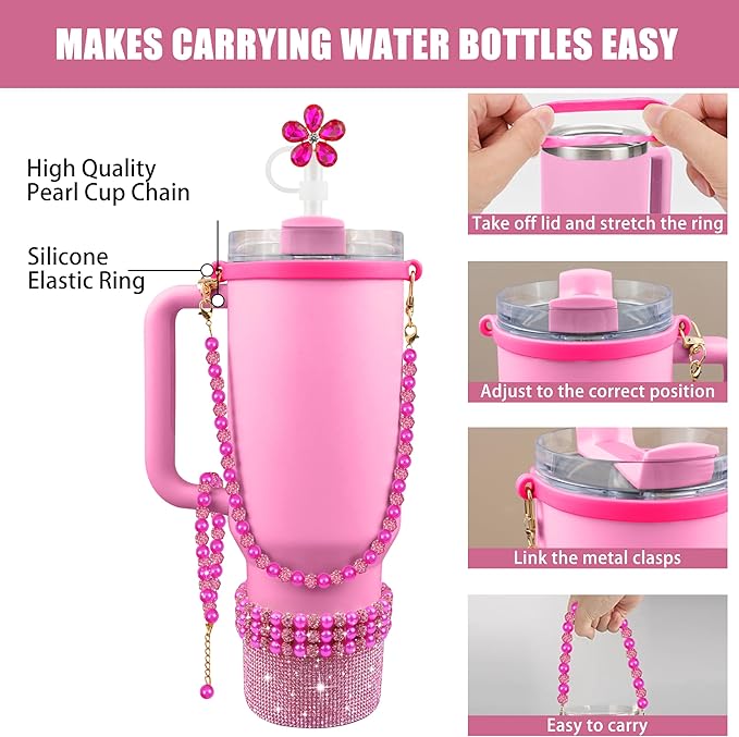 9PCS Hot Pink of Stanley Cup Accessories Set 30/40 OZ Bling Pearl Rhinestones Charms for Stanley Decorations Tumbler Accessories Including Flower Straw Topper, Rhinestones Boot 30/40 OZ