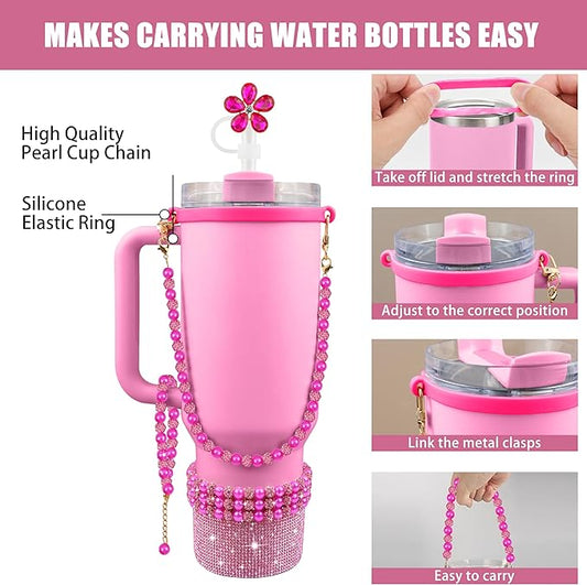 9PCS Hot Pink of Stanley Cup Accessories Set 30/40 OZ Bling Pearl Rhinestones Charms for Stanley Decorations Tumbler Accessories Including Flower Straw Topper, Rhinestones Boot 30/40 OZ