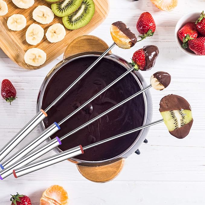 6PCS 9.5 Inch Fondue Sticks Stainless Steel Barbecue Fruit Dessert Forks with Heat Resistant Handle for Roast Meat Chocolate Dessert Cheese Marshmallows