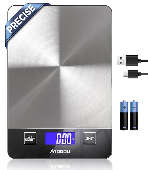 Atogou Food Scale, 33lb/15kg Rechargeable Kitchen Scale with Full-View Backlit LCD Display, Waterproof Stainless Steel Surface, Type-C Charging, Grams and Ounces for Baking, Cooking, Food Grey