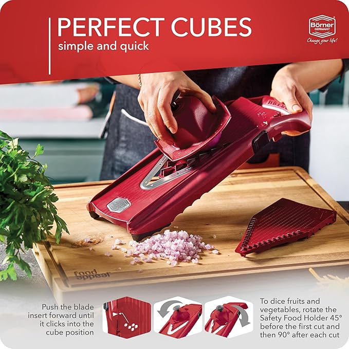 Mandoline Food Slicer Börner V5 (Profi Set) by Reston Lloyd • V-Slicer with 4 Inserts, Docking Station & Food Holder • Made in Germany • Fruit & Vegetable Chopper • Multiple Settings • Color: Red