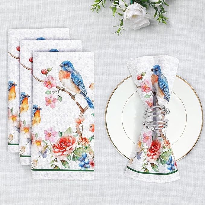 Bird Flower Branch Print Cloth Napkins 100% Cotton, 18" X 18" Dinner Napkins Cloth Set, Washable Napkins for Home, Kitchen, Dinner, Party, Wedding, Cocktail, Set of 6