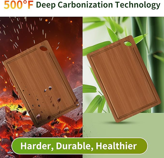 Carbonized Bamboo Cutting Board, Wood Cutting Boards for Kitchen with Juice Grooves, Reversible Charcuterie & Chopping Boards for Meat, Vegetables and Fruits Ideal Housewarming Gifts