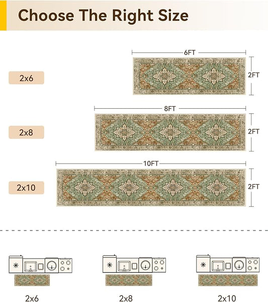 Area Rugs 2'x8' Runner Rug Non Slip Washable for Kitchen Hallway Bedroom Beside Laundry Room Bathroom Rug, Floor Carpet, Brick Red Rust Neutral Brown Burnt Orange Green