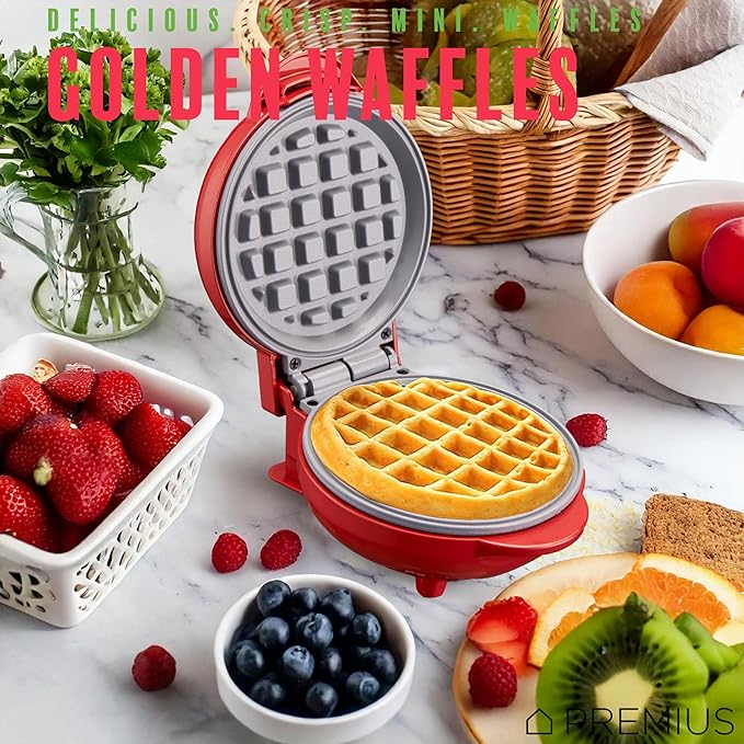 Ceramic Nonstick Mini Snack Waffle Maker, 4” Mold, Quick Heat for Crispy Waffles, French Toast, Tuna Melt, Egg & Grilled Cheese, Sandwiches for Kids & Family, Just Add Batter (Red)