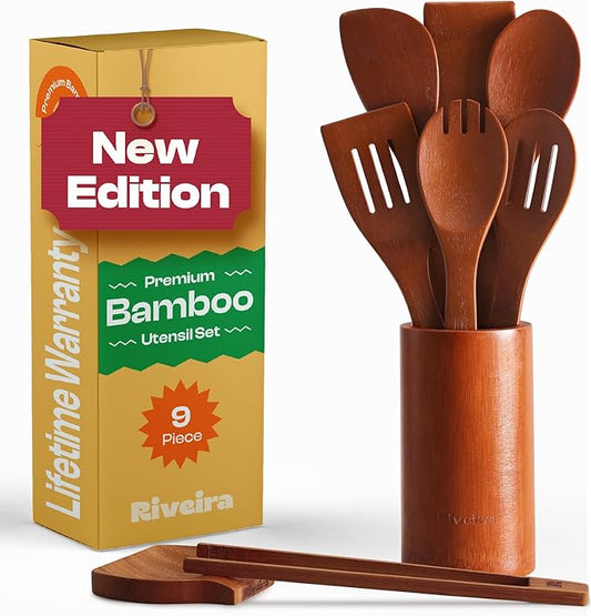 Riveira Premium Brown Bamboo Wooden Spoons for Cooking Set of 9 – Brown Bamboo Wooden Cooking Utensils, Wooden Spatula & Spoon - Premium Quality Utensil Set for Non-Toxic Cooking