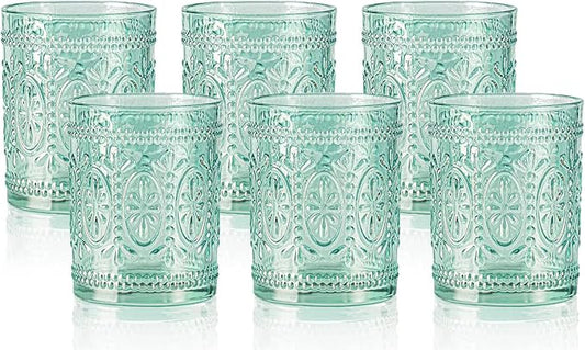 6 Pack Green Vintage Glassware Set, 10oz Textured Embossed Drinking Glasses, Colored Water Glasses, Green Glass Cups for Juice, Cocktails, Beer, Iced Tea, Soda
