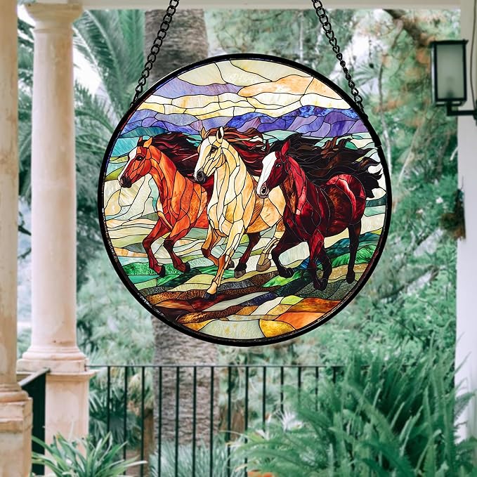 Stained Glass Window Hanging, Colorful Landscape Running Horse Suncatcher for Doors Window Home Sun Catchers Decoration Mother's Day Birthday Gifts for Women, Men, and Mom 9.8x9.8 in
