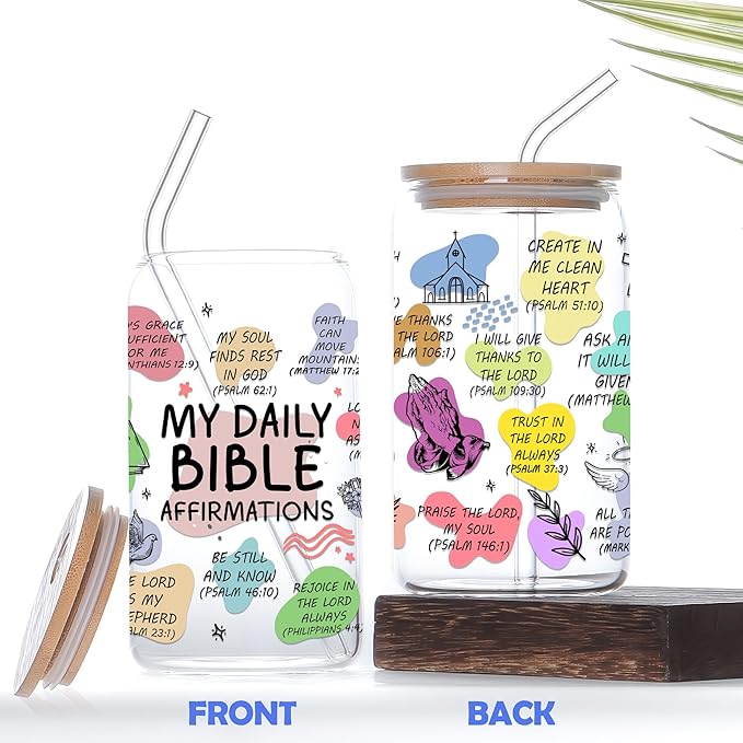 16 Oz Bible Verse Coffee Mug for Women Daily Bible Affirmations Glass Cup with Lid & Straw Women of the Bible Drink Cup Inspirational Mother’s Day Religious Christian Gifts for Mom Aunt Nana