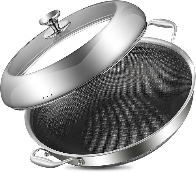 DELARLO Tri-Ply Stainless Steel Wok Pan With Lid 14 Inch Non stick,Woks & Stir-Fry Pans Nonstick 6QT Deep Frying Pan, Induction Saute Pan With Lid,Dishwasher and Oven Safe